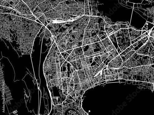 Vector road map of the city of Baku in Azerbaijan with white roads on a black background.