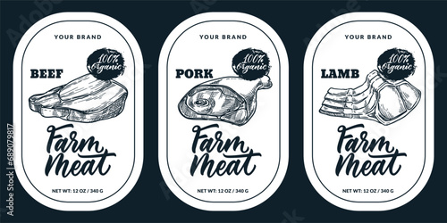 Farm meat package label sticker template. Vector hand drawn sketch illustration of beef  pork  lamb