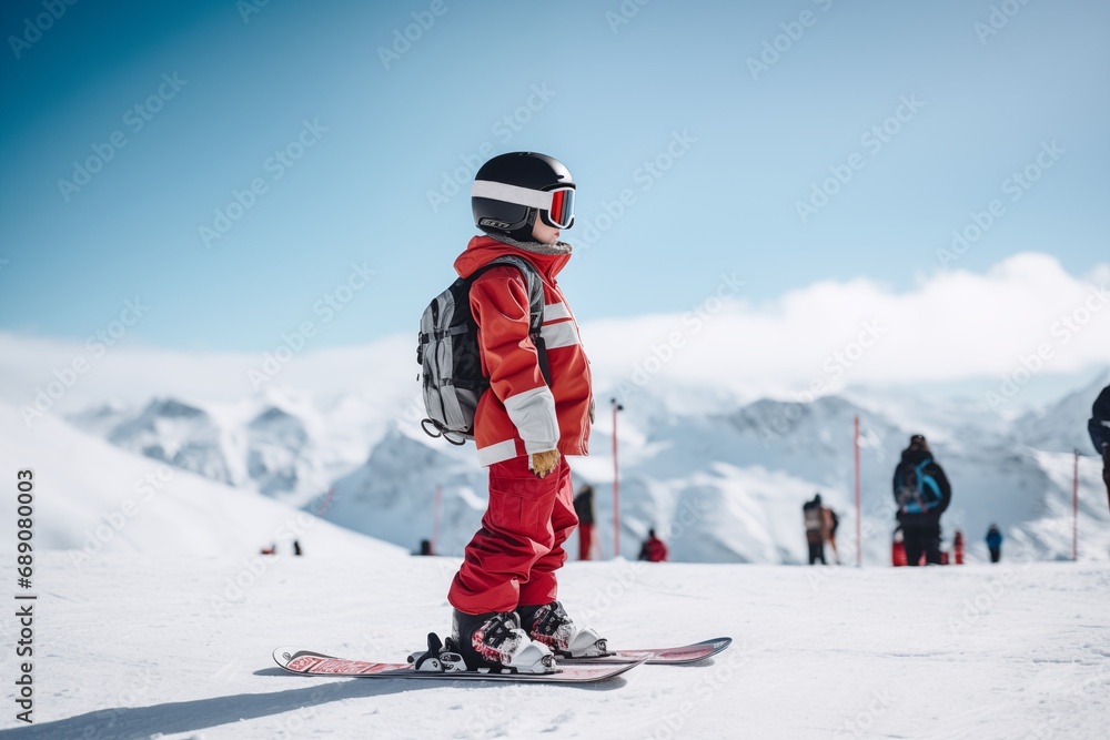Child on snow slope wearing safety helmet and backpack, skiing