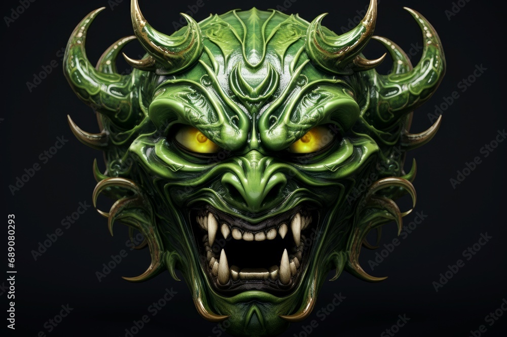 Eerie Green demon face eyes. Danger horror. Generate Ai