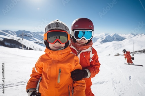 Two kids on winter slope wearing safety goggles. Sports holiday