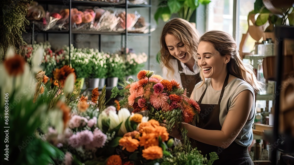 Young girls florists collect beautiful bouquets while working in a flower shop