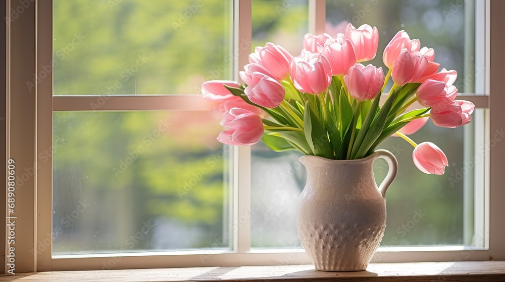Bouquet of delicate pink tulips in a white jug stands on the window. Spring mood Bouquet of delicate pink tulips in a white jug stands on the window. Spring mood