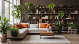 Spacious, bright living room with a corner sofa and bookshelves. A calm color scheme with bright orange accents