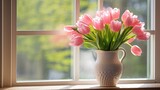 Bouquet of delicate pink tulips in a white jug stands on the window. Spring mood