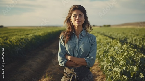 Woman farmer poses in front of her farm field, with beds of growing vegetables photo