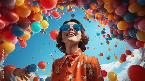A smiling woman surrounded by floating balloons in a surreal dreamscape, colors popping in every direction