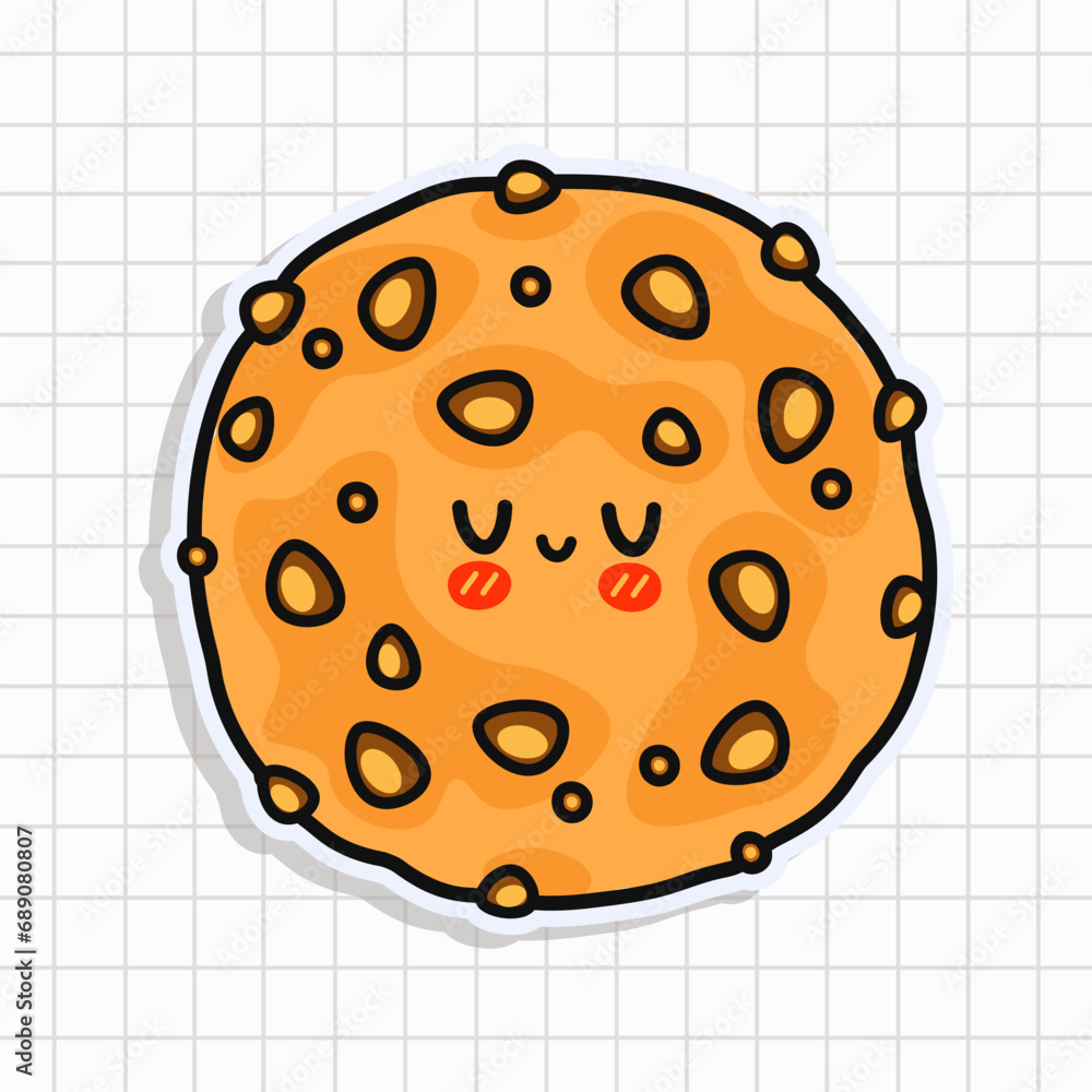 Fototapeta premium Cute funny Oatmeal cookies sticker. Vector hand drawn cartoon kawaii character illustration icon. Isolated on background. Oatmeal cookies card character concept