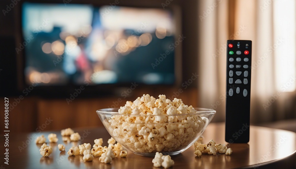 A glass bowl of popcorn and remote control in the background the TV works. cozy movie night
A glass bowl of popcorn and remote control in the background the TV works. cozy movie night