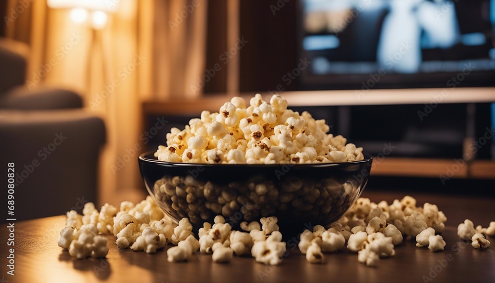 A glass bowl of popcorn and remote control in the background the TV works. cozy movie night
A glass bowl of popcorn and remote control in the background the TV works. cozy movie night