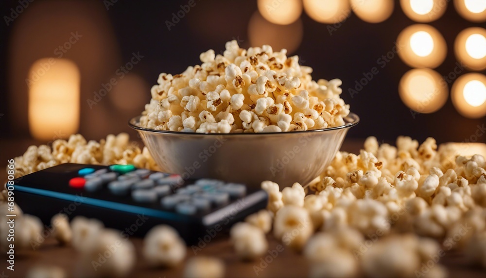 A glass bowl of popcorn and remote control in the background the TV works. cozy movie night
A glass bowl of popcorn and remote control in the background the TV works. cozy movie night
