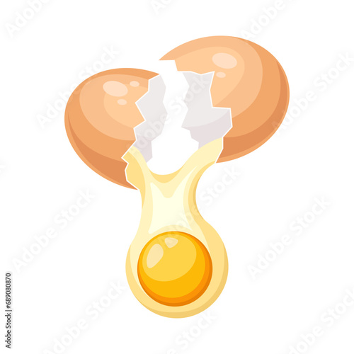 A broken brown chicken egg with raw liquid protein and yolk flowing down. Adding an ingredient to a dish. Breaking eggshells. A raw egg. Vector illustration in a flat style