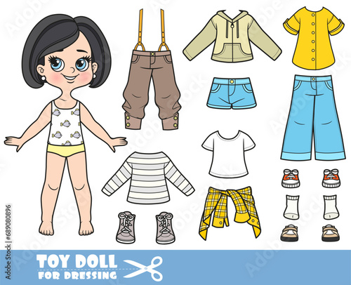 Cartoon brunette girl with bob haircut and clothes separately -   long sleeve, shirt, jacket,  trousers with suspenders, jeans and sneakers