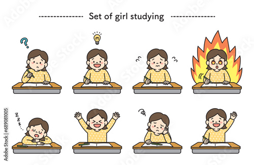 机に向かって勉強する女の子のイラストセット