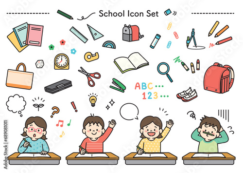 小学校で勉強する子供達のイラストと文房具のアイコンセット