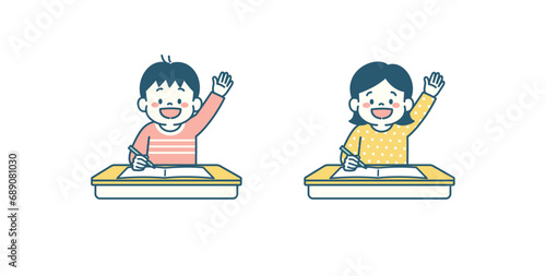 授業中に手をあげる小学生のイラスト