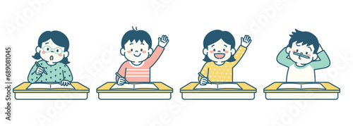 教室で授業を受ける小学生のイラストセット　シンプル