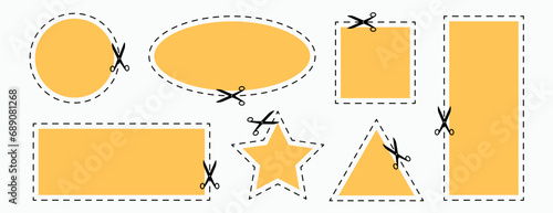 Set of cut here scissors shapes. Icon of scissors with dash line for paper, coupon and voucher