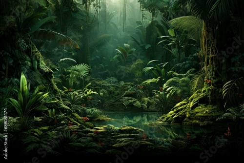 Untamed Green prehistoric jungle. Tropical nature. Generate Ai © juliars