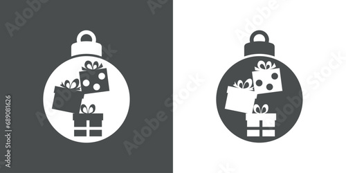 Tiempo de Navidad. Logo con silueta de bola de navidad con 3 cajas de regalo con lazo de cinta para su uso en tarjetas y felicitaciones