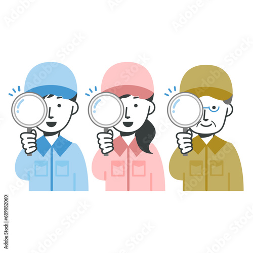 人物 虫眼鏡を持つ作業員達