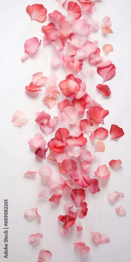 pink and red rose petals in vertical aspect ratio on white background, valentines product shoot