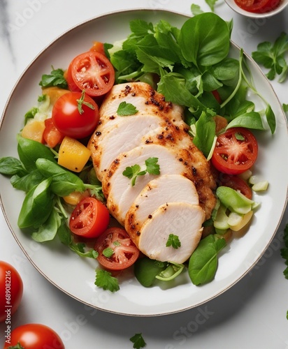 Chicken breast fillet and vegetable salad with tomatoes and green leaves on a light background. top view   © abu