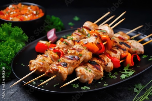  chicken skewers with slices of apples and chili 
