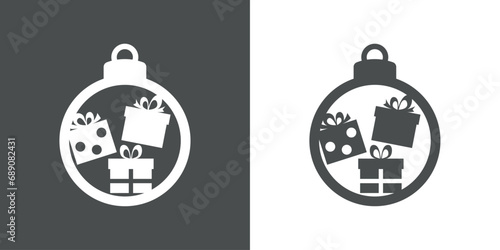 Tiempo de Navidad. Logo con silueta de bola de navidad con 3 cajas de regalo con lazo de cinta para su uso en tarjetas y felicitaciones