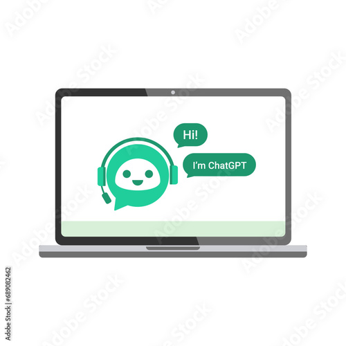 Ai chat bot on la aptop monitor. Chat bot оn realistic laptop. Artificial intelligence concept. Stock Vector illustration.