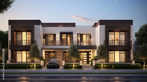 Appearance of residential architecture. Modern modular private townhouses. Residential minimalist architecture exterior. Very modern neighborhood, early morning shot. © Stavros