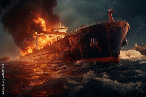 Fire on a tanker on the high seas.