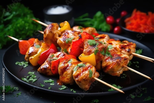  chicken skewers with slices of apples and chili
