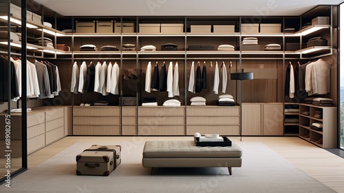 Elegant minimalist male walk in wardrobe with clothes hanging on rods, shelves and drawers. Dressing room with space for storing and organizing accessories. photo