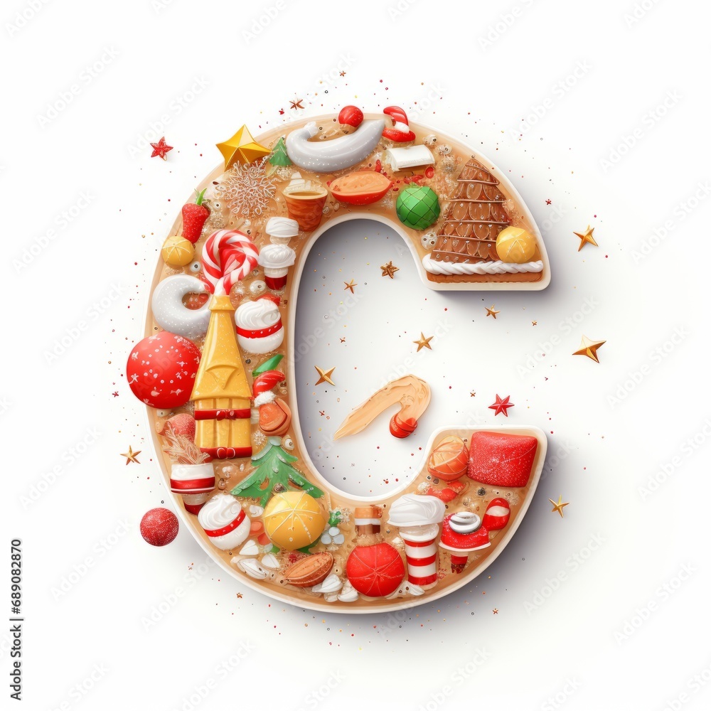 Obraz premium Volumetric capital letter C, decorated in a festive Christmas and New Year style. Christmas tree decorations, balls, pine cones, tinsel. Mockup for Christmas banner or background. Isolated on white.