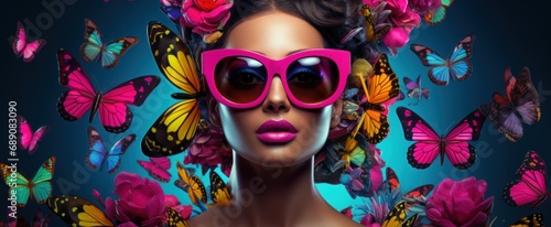 Beautiful Stylish woman with pink glasses surrounded by vibrant butterflies and flowers, glamour, vivacity, fashion, Beauty Salon concept