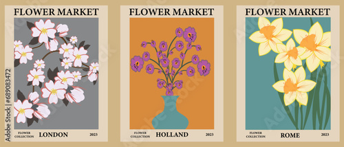 Set of abstract floral posters. Botanical wall art with floral designs in a trendy style. Modern interior decorations. Vector illustration.