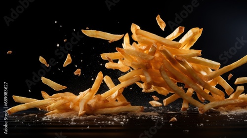 Freeze motion of flying french fries on dark background. Concept of junk unhealthy food