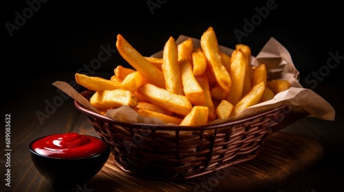 French fries in mini wooden basket with ketchup and sauce isolated on black background