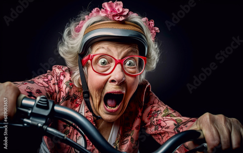 Grandmother with a worried look rides a bicycle © Giordano Aita