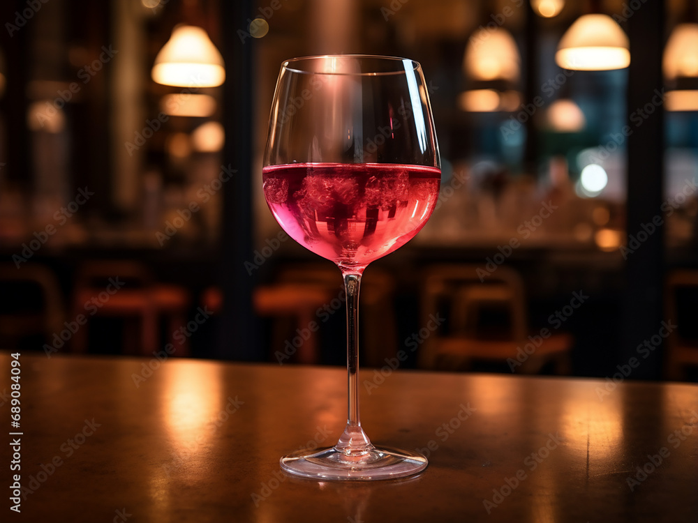 A refreshing glass of pink wine at the bar. AI Generation.