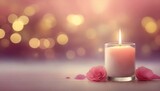 Candle and flowers for romantic therapy spa decoration. Healthcare treatment bokeh background