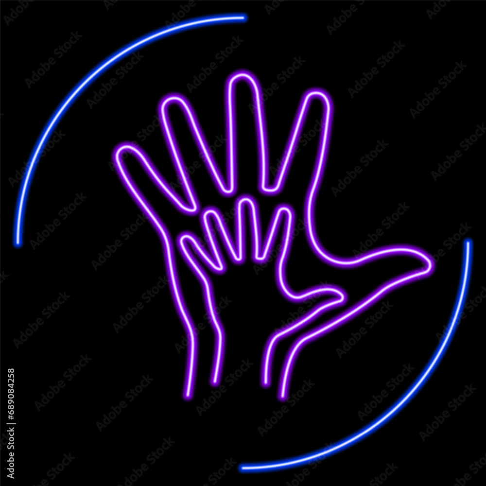 hand in hand neon sign, modern glowing banner design, colorful modern design trends on black background. Vector illustration. hand in hand neon sign, modern glowing banner design, colorful modern design trends on black background. Vector illustration.