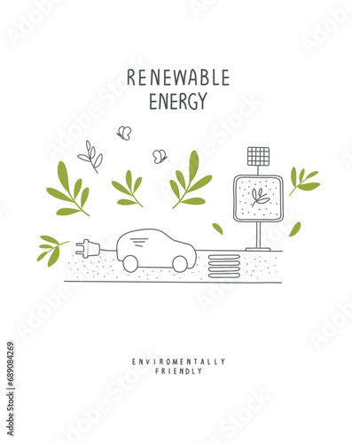 Vector illustration of Environmentally friendly planet concept. Green sprouts leaves and a sketch of elecrtic car. Think Green. Alternative energy concept.