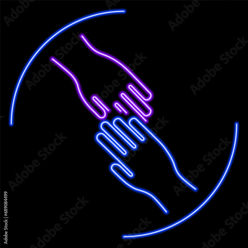 help hand neon sign, modern glowing banner design, colorful modern design trends on black background. Vector illustration.