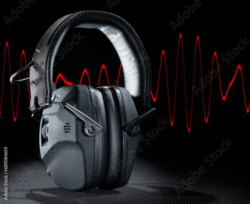 Red sine wave behind electronic hearing protection ideal for construction, manufacturing to shooting sports