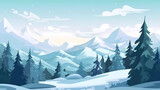 Winter landscape with pine and snowy mountain background.