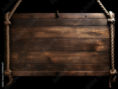Wooden Sign Hanging from Rope on Black Background
