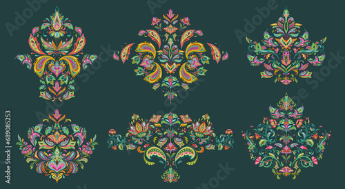 Set of six vector oriental motifs with paisley ornament.