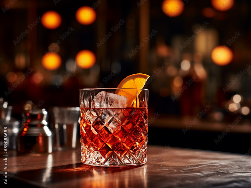 Fototapeta premium A bar's Negroni cocktail ready to sip. AI Generation.